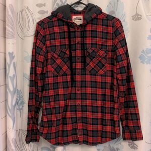 2 for $20 Bare Denim Red + Black Plaid Hooded Cotton Shirt Sz S